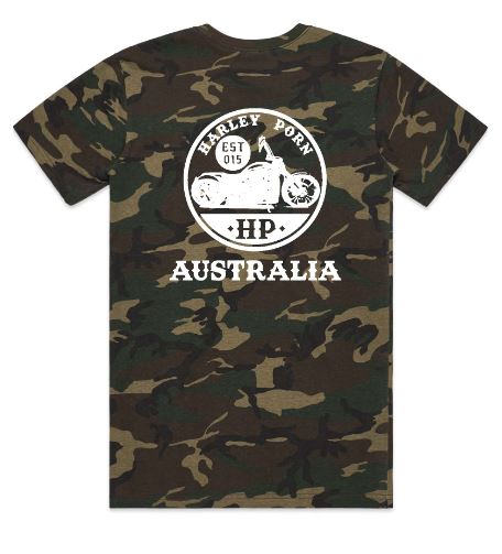 Camo T-shirt with Harley Porn logo in white.